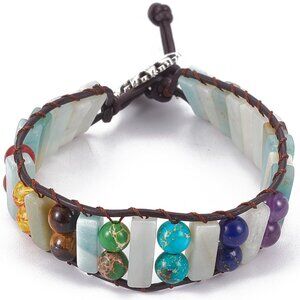 Natural gemstones & leather bracelet - Sunflower closure Handmade artisan GIFT